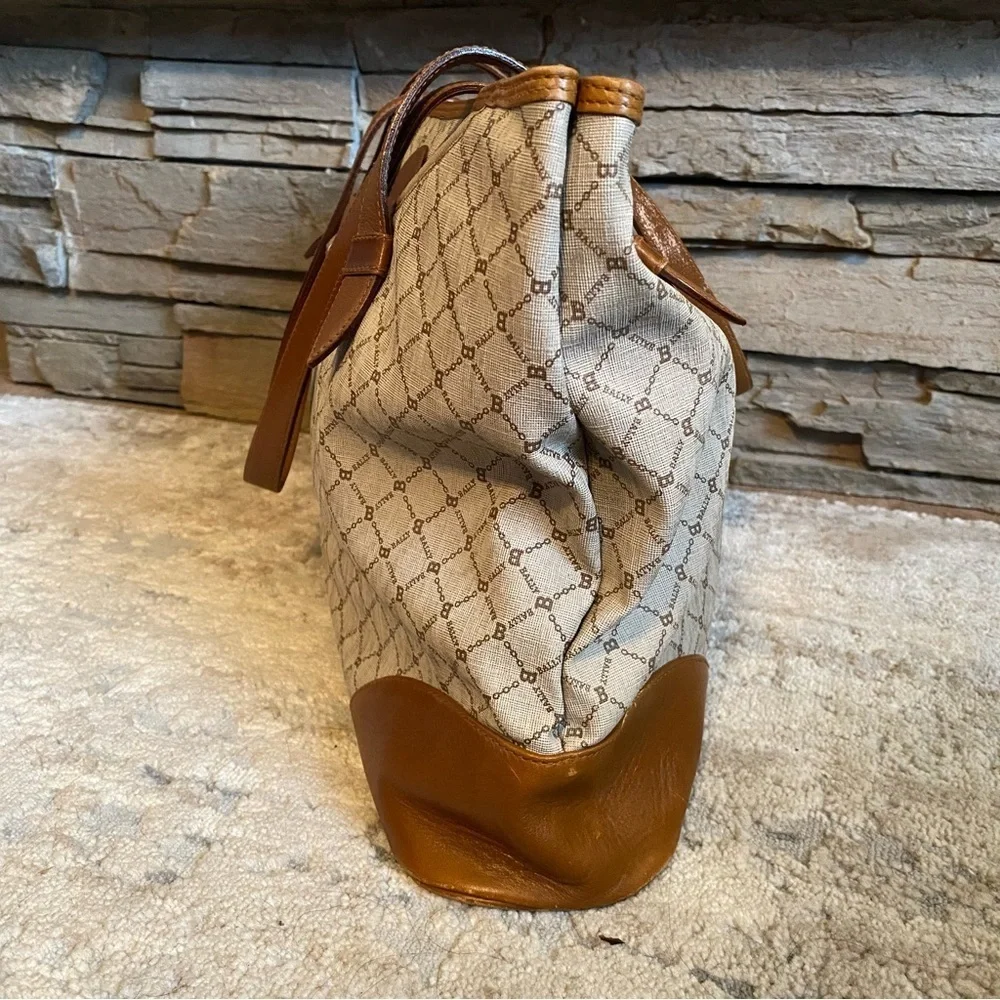 Bally Vintage RARE Monogrammed B Medium Tote Bag Purse Handbag Brown Tan Leather